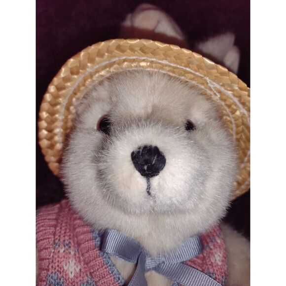 Plush Stuffed‎ Jointed Easter Bunny Rabbit with Pink Blue Sweater and Straw Hat - Picture 5 of 6